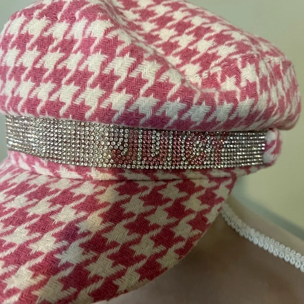 Juicy Couture Womens Houndstooth Pink White Tweed Embellished  Stones Cap Beret